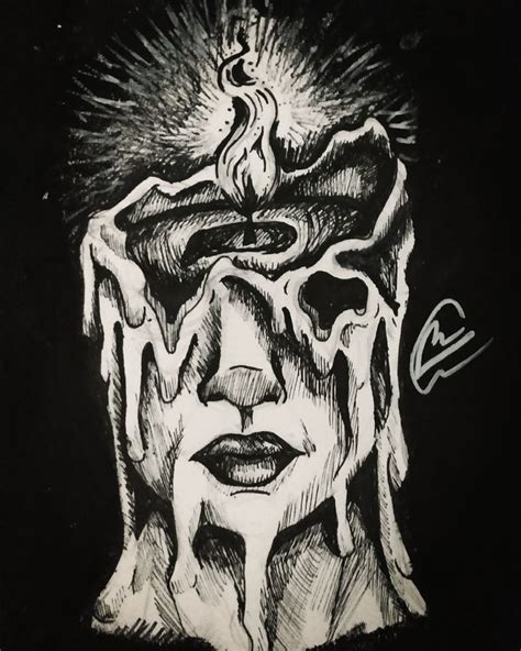 Black And White Ink Drawing Of A Face With A Candle Wax Burning Down