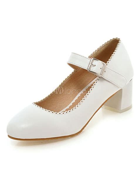 White Mary Jane Shoes Women S Round Toe Chunky Heel Shoes