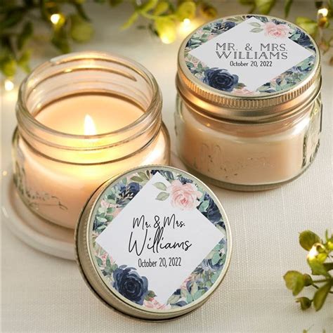 Navy Floral Personalized Mason Jar Candle Wedding Favors