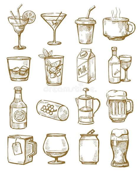 Sistema De Bebidas Dibujadas Diversa Mano En Ilustración del Vector