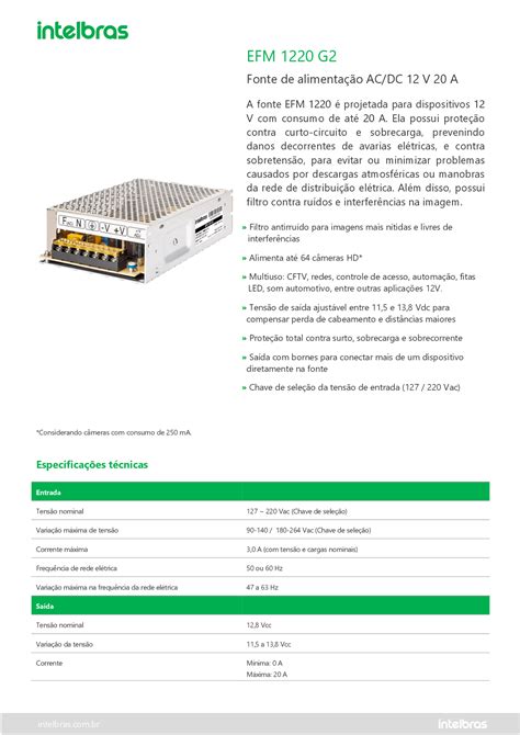 Fonte Conversor AC DC 12 8V 20A EFM 1220 G2 Intelbras