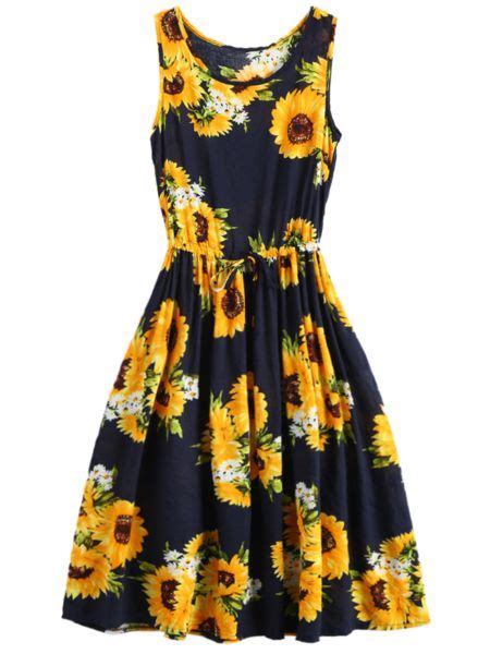 Trendy Sleeveless Drawstring Sunflower Dress Printed Summer Dresses