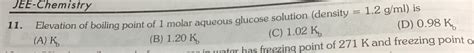 Elevation Of Boiling Point Of Molar Aqueous Glucose Solution Density