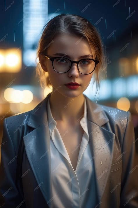 Premium Photo A Beautiful European Girl In Suit Is Standing On Street At A Rainy Night