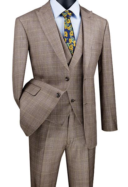 Tan Modern Fit Glen Plaid 2 Button Peak Lapel 3 Piece Suit Mens Fashion