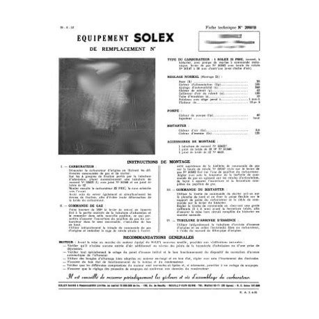 Fiche réglage Solex 22 BIC de Renault 4cv