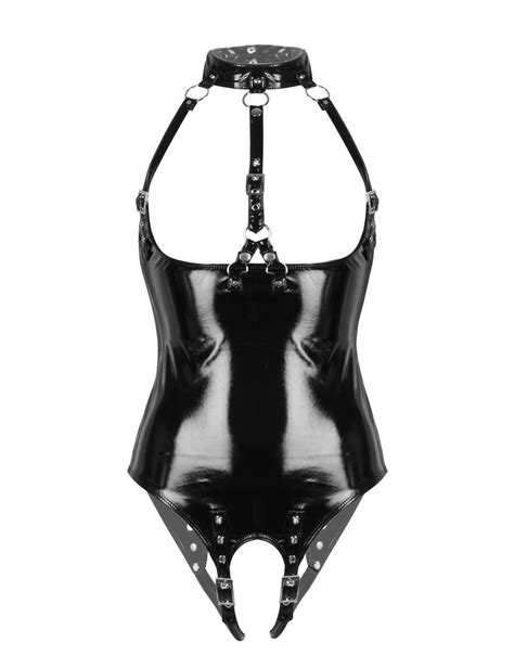 Iefiel Women Wet Look Patent Leather Lingerie Halter Neck Adjustable