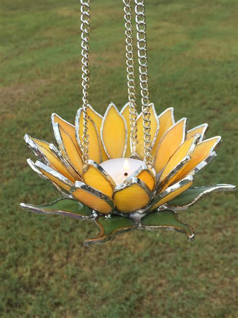 Hanging 3d Sunflower Tea Light Holder Etsy New Zealand Stained Glass Candles Stained Glass