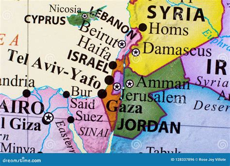 Map of Lebanon, Israel, Tel-Aviv-Yafo, Gaza, and Jordan Stock Photo ...