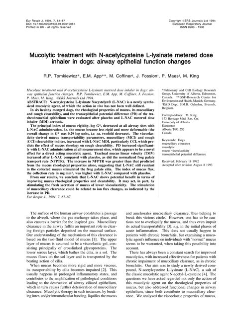 (PDF) Mucolytic treatment with N-acetylcysteine L-lysinate metered dose inhaler in dogs: Airway ...