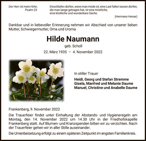 Traueranzeigen Von Hilde Naumann Trauer HNA De