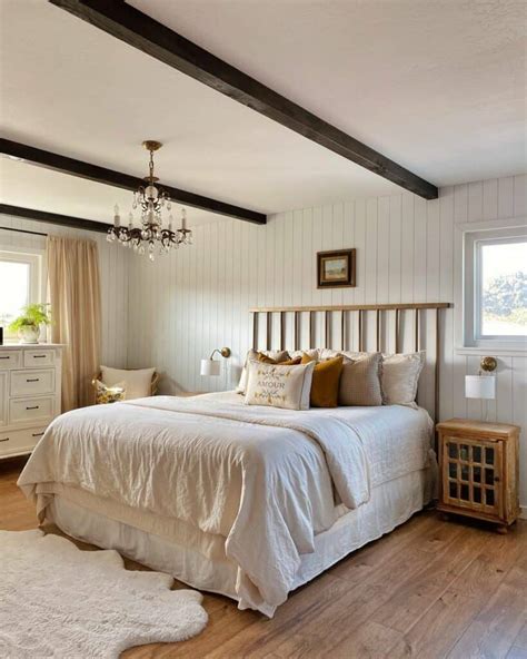 White Bedroom Ceiling With Dark Exposed Wood Beams Soul Lane