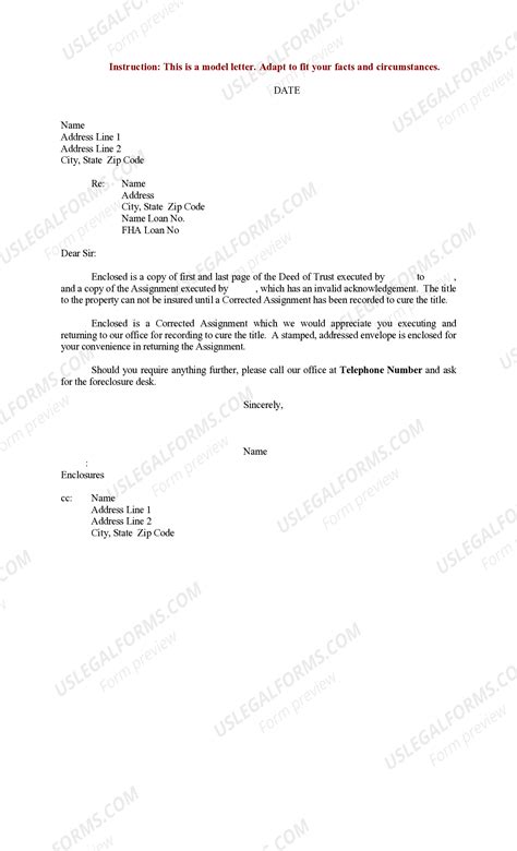 Sample Letter for Deed of Trust with Corrected Assignment - Fha Insured