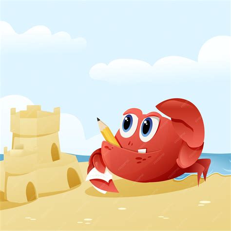 Premium Vector | A crab drawing on a beach with a pencil.