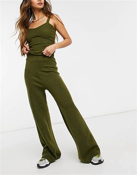 Asos Design Co Ord Knitted Wide Leg Trouser In Khaki Asos