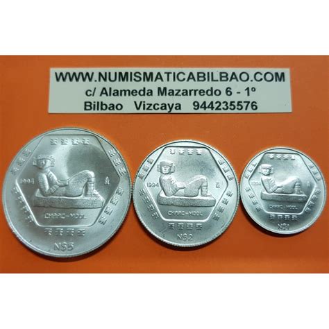 3 Monedas X MEXICO 1 PESO 2 PESOS 5 PESOS 1994 CHAAC MOOL Serie