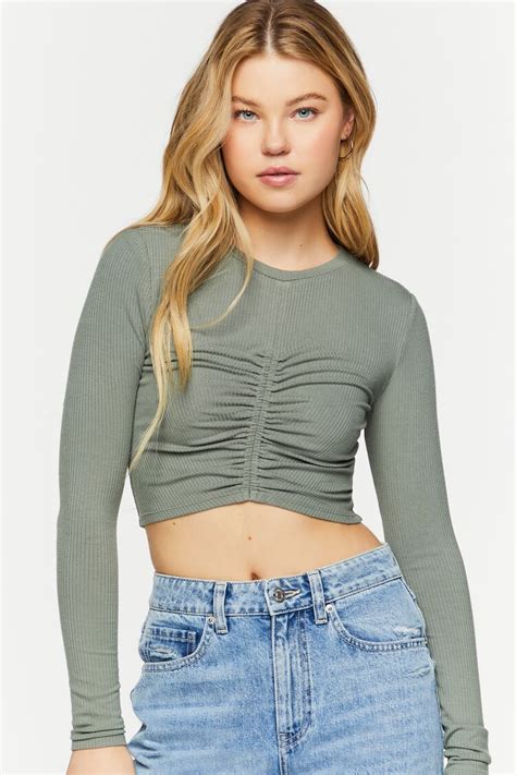 Ruched Rib Knit Long Sleeve Crop Top