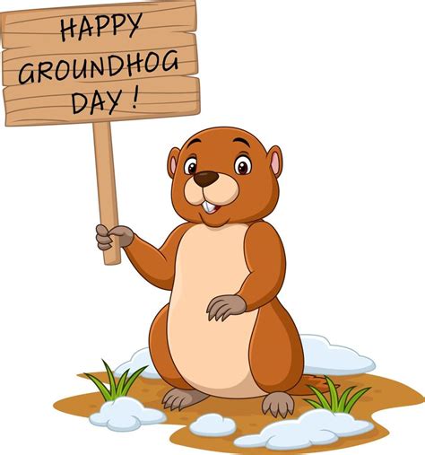 Happy groundhog day. Funny groundhog holding wooden sign 5161800 Vector ...