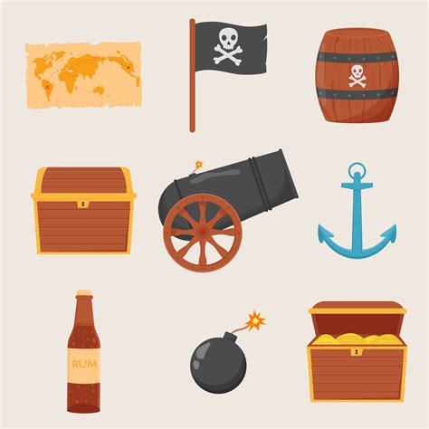 Bundle Pirate Set Isolated On White Background Bundle Pirate Treasure Map Rum Ship Wheel