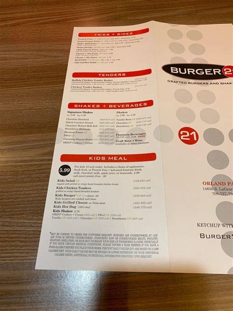 Menu at Burger 21 restaurant, Orland Park