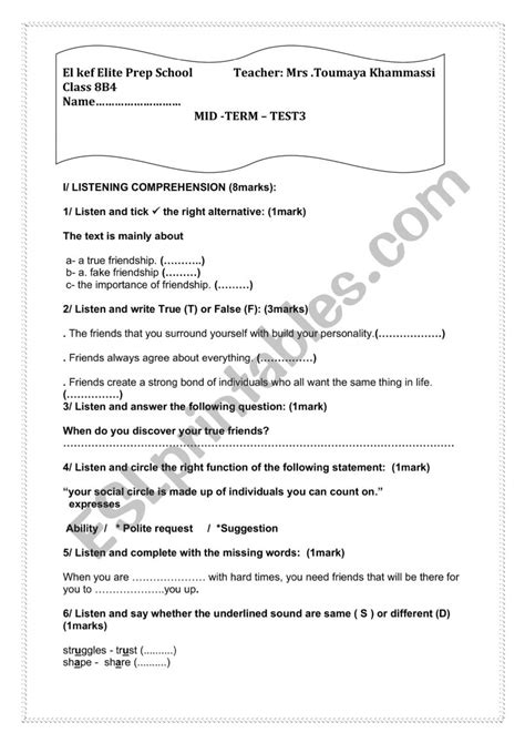 Mid Term Test 3 8th Form ESL Worksheet By Toumia