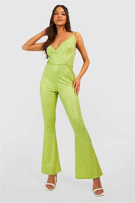 Shimmer Glitter Strappy Cowl Flare Jumpsuit Boohoo