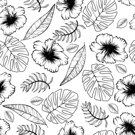 Premium Vector Seamless Vector Pattern With Leaves Of Tropical Plants Leaves And Hibiscus Flowers