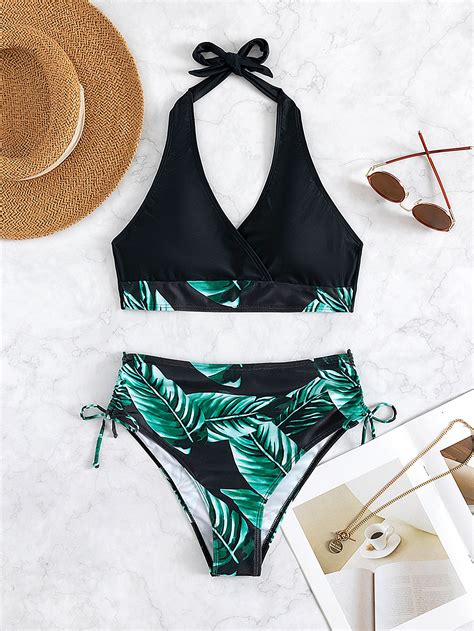 SHEIN Swim Vcay Tropical Print Drawstring Side High Waisted Bikini