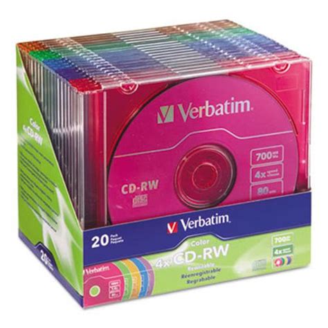 Verbatim CD RW Discs 700MB 80min 4X Slim Jewel Case Assorted Colors