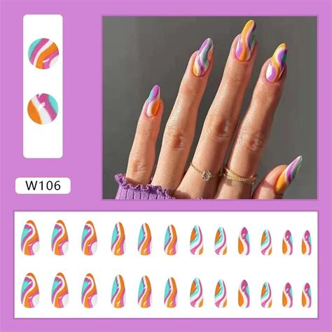 Churchf Almond French False Nails With Glue Colorful Wavy Lines Design