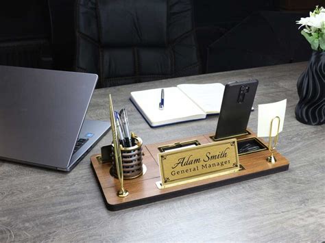 Custom Wooden Desk Name Plate With Pen Card Holder And Paper Clip New