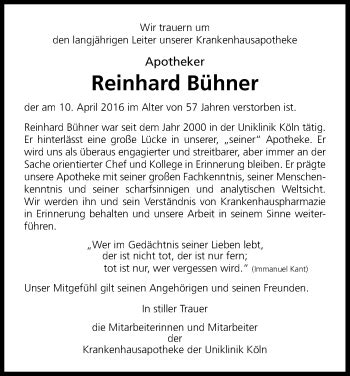 Traueranzeigen von Reinhard Bühner WirTrauern