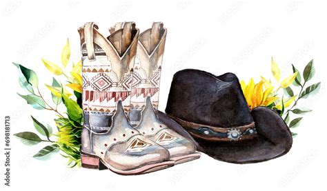 Watercolor Hand Painted Cowboy Hat And Cowboy Boots Clipart Set