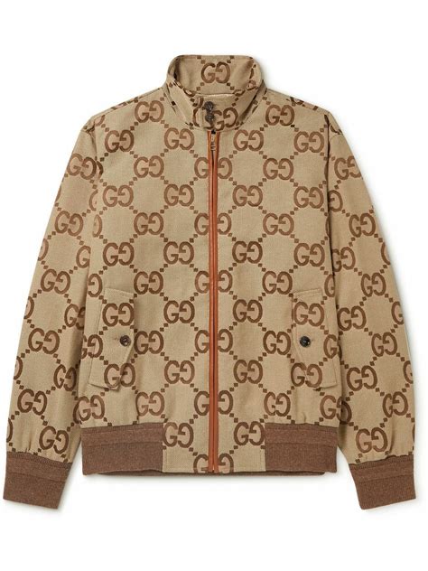 Gucci Logo Jacquard Leather Trimmed Cotton Blend Canvas Bomber Jacket Brown Gucci