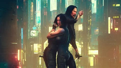 A Cyberpunk Srcreenshot Couple Portrait Of Keanu Stable