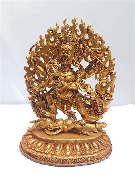 Tibetan Buddhist Handmade Statue Of Mahakala Arms Full Gold Plated