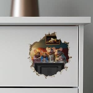 Mouse Family Watching TV in Mouse Hole Decal Mouse Hole 3D Wall Sticker ...