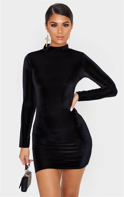 Black Velvet Long Sleeve High Neck Bodycon Dress Prettylittlething