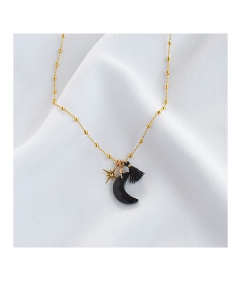 Collier noir chaine perlée lune et étoile or TAO