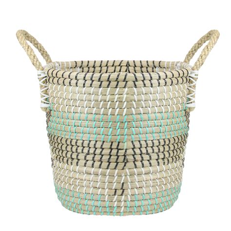 Natural Woven Seagrass Basket With Teal Black And White Accents