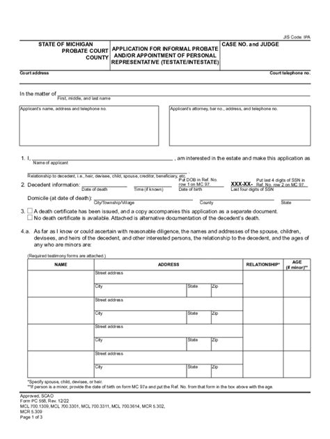 PC 558 Application For Informal Probate And Or Appointment Fill Out