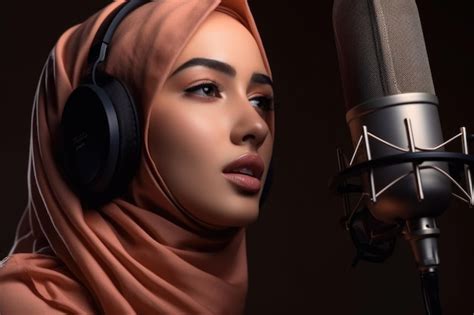 Premium Photo Beauty Hijab Woman Singing Into A Microphone