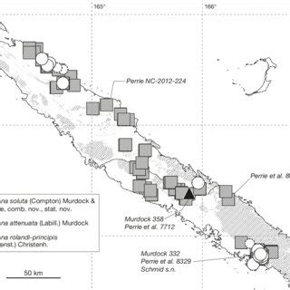 -Distribution map for the New Caledonian endemic species of Ptisana ...