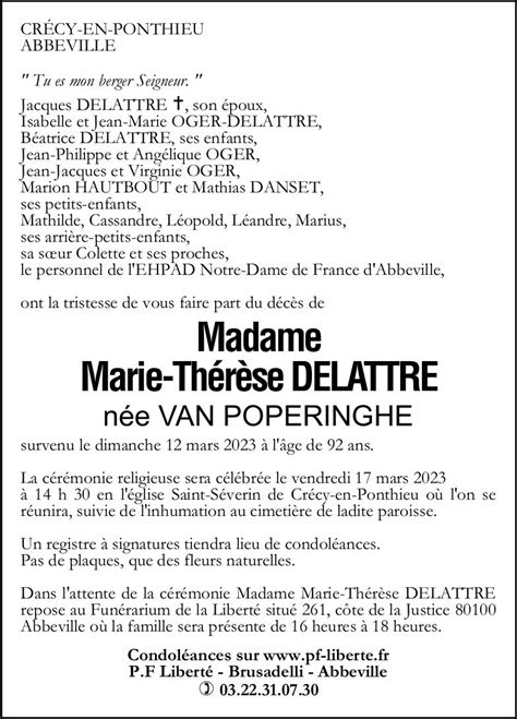 Avis de décès de Marie Thérèse DELATTRE Pompes Funèbres Liberté