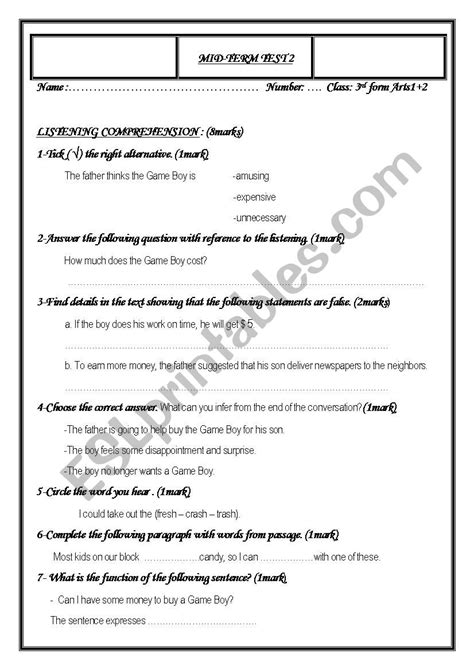 Mid Term Test 2 3rd Form ESL Worksheet By Robei1