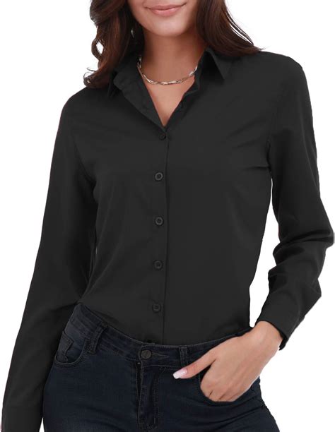 Gemolly Womens Basic Button Down Shirts Long Sleeve Plus Size Simple Stretch Formal Casual