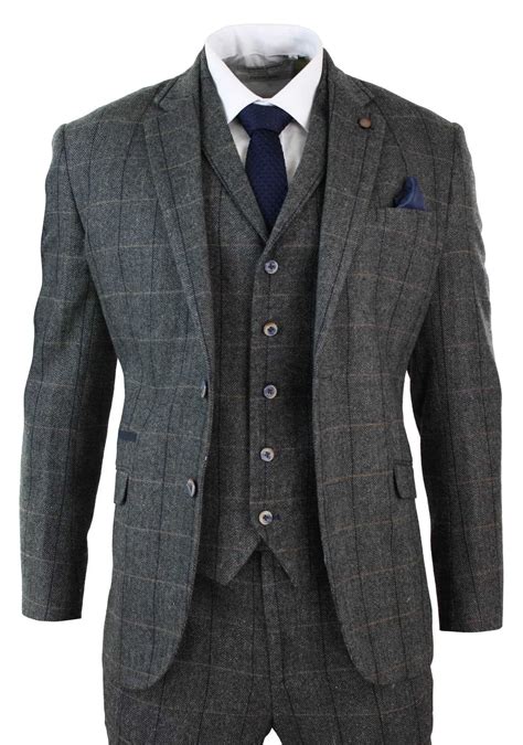 Mens Clothing Clothing Mens Wool 3 Piece Suit Tweed Charcoal Black