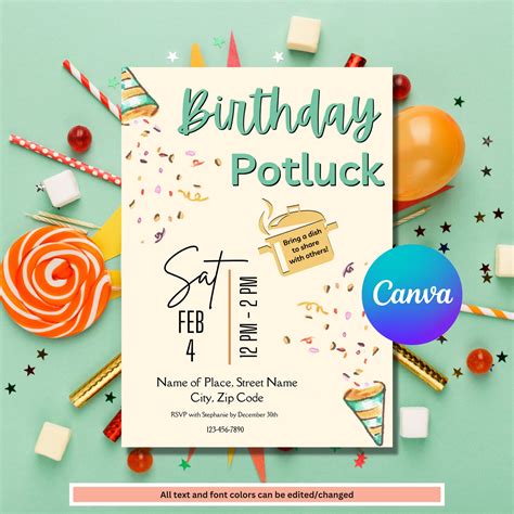 Birthday Potluck Invitation Template Birthday Party Potluck Invite ...