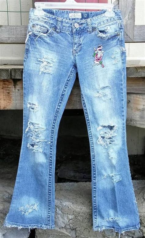 Destructed Destroyed Ripped Torn Patched Denim Blue Jeans With Etsy