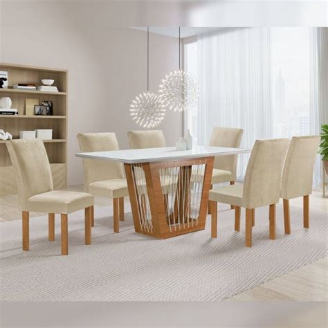 Conjunto Sala De Jantar Mesa Cuenca Tampo Vidro Mdf Cadeiras